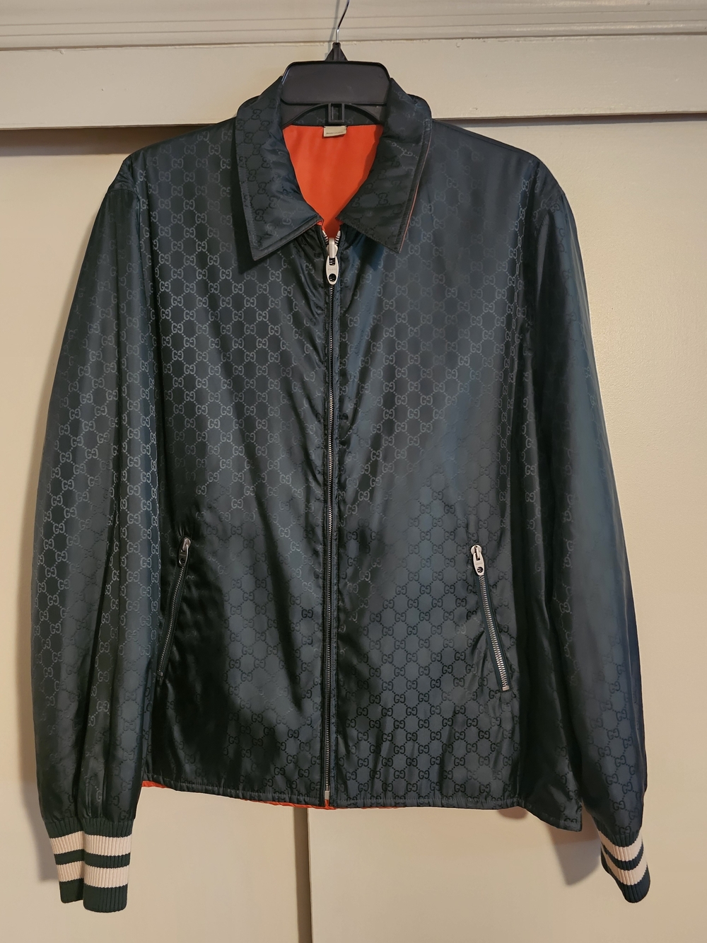 Gucci Men's Black Monogram Zip Jacket with Orange Lining